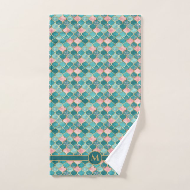Pink Turquoise Gold Pattern Elegant Personalized Hand Towel (Hand Towel)
