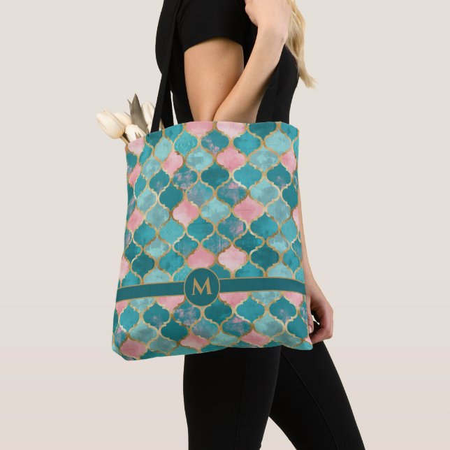 Pink Turquoise Gold Pattern Elegant Personalized Tote Bag (Close Up)