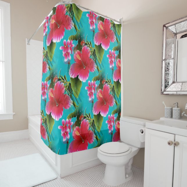 Pink Turquoise Hawaiian Hibiscus Flowers Pattern (In Situ)