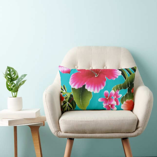 Pink Turquoise Hawaiian Hibiscus Flowers Pattern Lumbar Pillow (Chair)