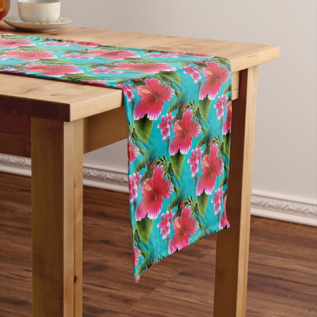Pink Turquoise Hawaiian Hibiscus Flowers Pattern Medium Table Runner (In Situ)