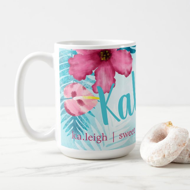 Pink, Turquoise Hibiscus Personalized Coffee Mug (With Donut)