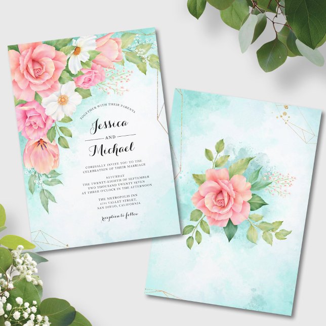 Pink Turquoise Ombre Floral Bouquet Rose Wedding Invitation (Creator Uploaded)
