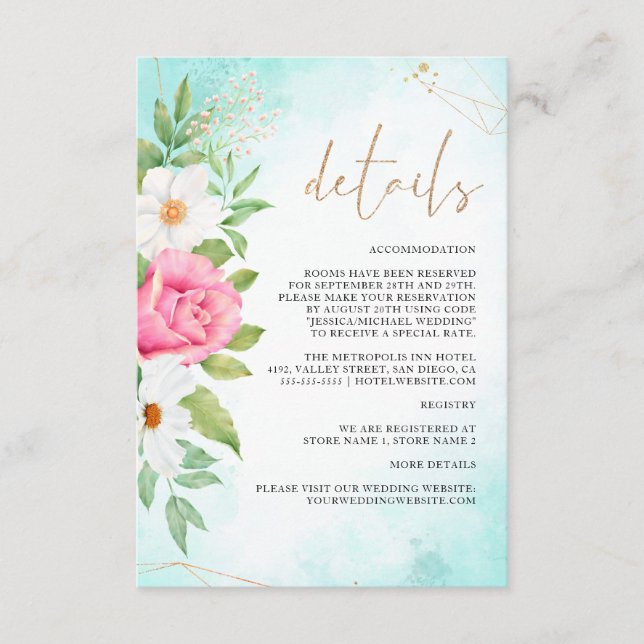Pink Turquoise Ombre Floral Rose Wedding Details Enclosure Card (Front)