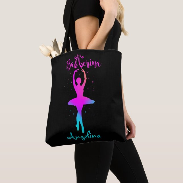 Pink Turquoise Personalized Ballerina T-Shirt Tote Bag (Close Up)