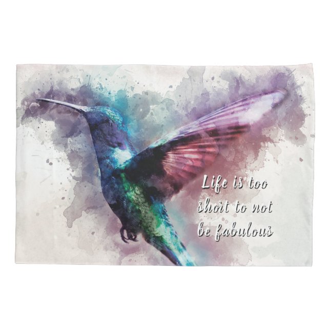 Pink, Turquoise & Purple Watercolor Hummingbird  Pillowcase (Back)