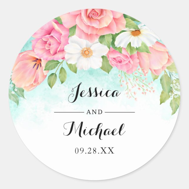 Pink Turquoise Rich Floral Bouquet Rose Wedding Classic Round Sticker (Front)