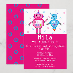 Pink & Turquoise Robots Birthday Party Invitation