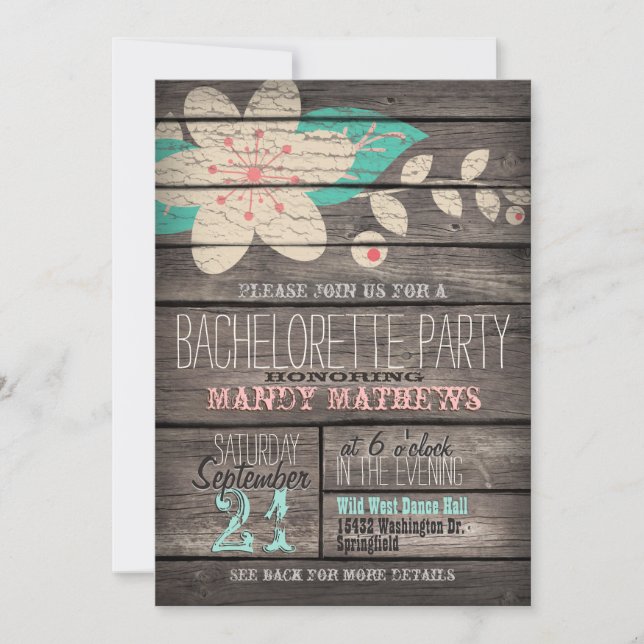 Pink & Turquoise Rustic Wood Bachelorette Party Invitation (Front)