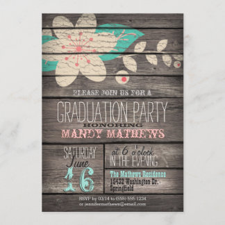 Pink & Turquoise; Rustic Wood Graduation Party Invitation