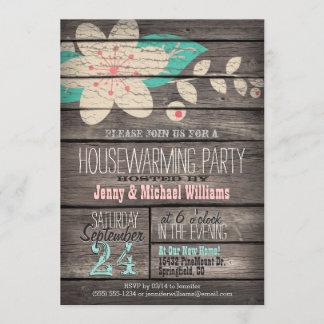 Pink & Turquoise Rustic Wood Housewarming Party Invitation