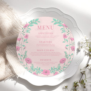 Pink turquoise vert floral rétro rond Menu Carte P