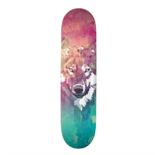 Pink Turquoise Watercolor Artistic Abstract Wolf Skateboard