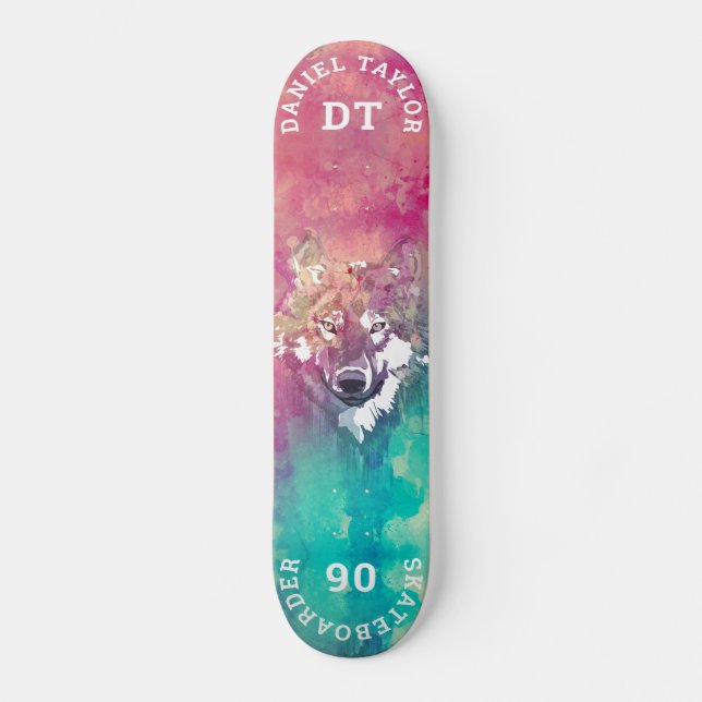 Pink Turquoise Watercolor Artistic Monogram Wolf Skateboard (Front)