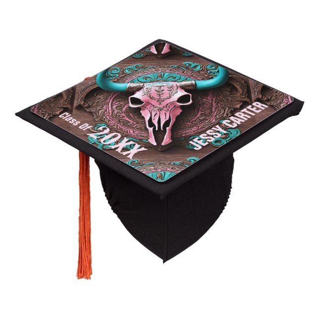 Pink Turquoise Western Country Cowgirl Bull Skull  Graduation Cap Topper (Angled)