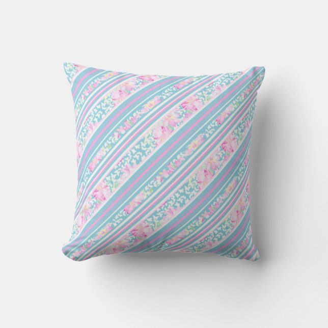 Pink, Turquoise, White Roses and Stripes Pillow (Front)