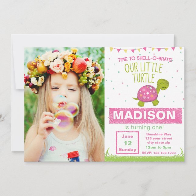 Pink Turtle Birthday Invitation with Photo (Front)