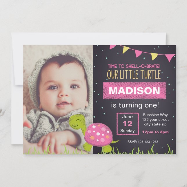 Pink Turtle Chalk Birthday Invitation with Photo (Front)