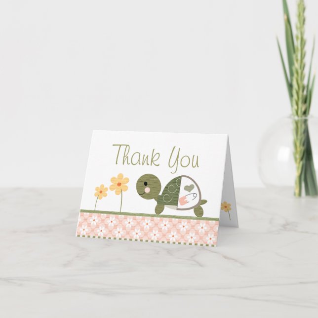 Pink Turtle in Diapers Baby Shower Thank You Note (Front)