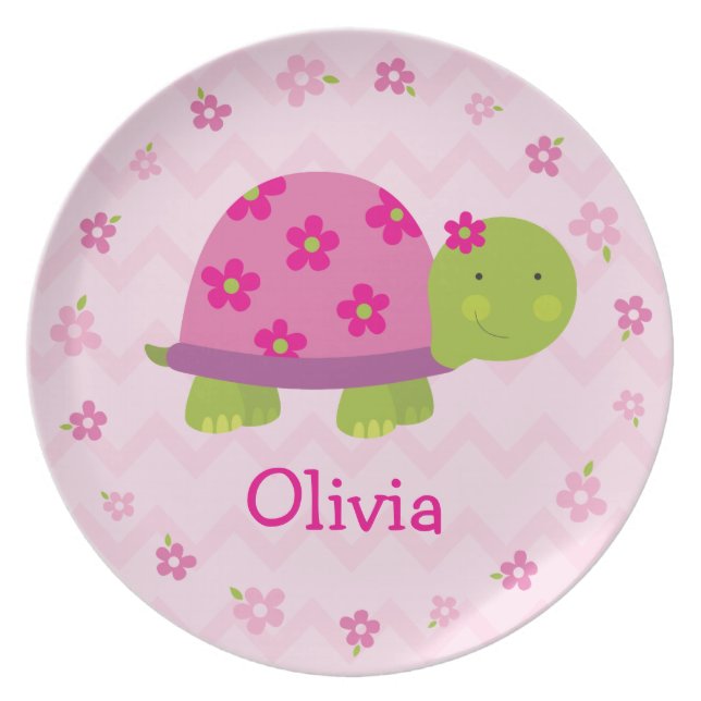 Pink Turtle Personalized Melamine Plate for Kids (Front)