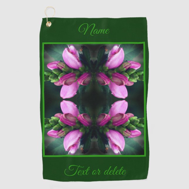 Pink Turtlehead Flower Abstract Personalized Golf Towel (Front)