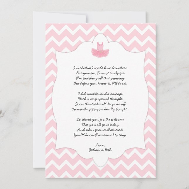 Pink Tutu Baby Shower Thank you note + poem Card (Front)