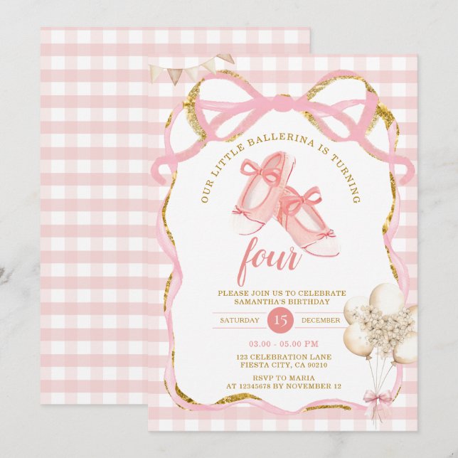 Pink Tutu Ballerina Gingham Birthday Invitation (Front/Back)