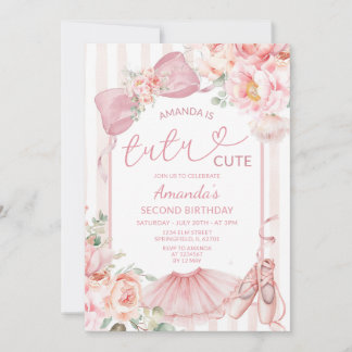 Pink Tutu Cute Ballet Dancer Bow Girl 2nd Birthday Invitation