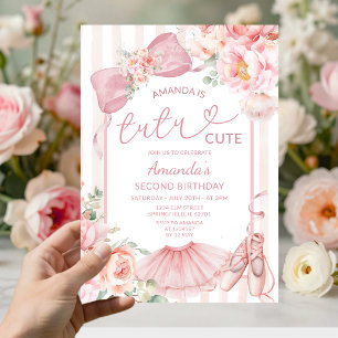 Pink Tutu Cute Ballet Dancer Bow Girl 2nd Birthday Invitation