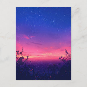 Pink Twilight Starry Night Meadow Postcard
