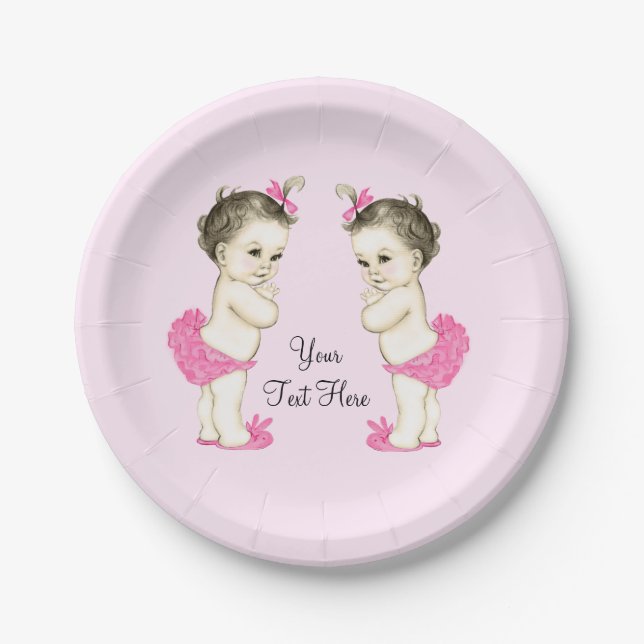 Pink Twin Baby Girl Paper Plate (Front)
