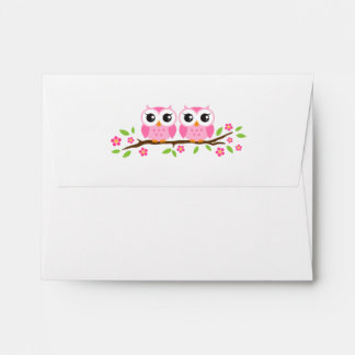 Pink twin girl owls on floral branch envelope