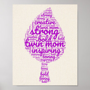 Pink Twin Mom Leaf Shaped Word Cloud  Poster