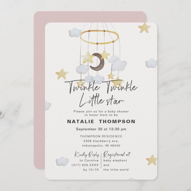 Pink Twinkle Little Star Baby Shower Invitation (Front/Back)