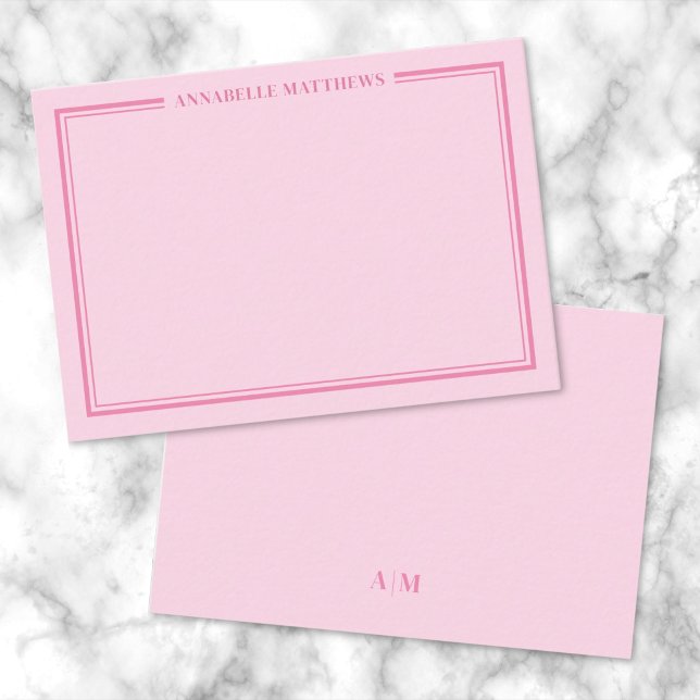 Pink Two Border Minimalist Name Monogram Card (Pink Two Border Minimalist Name Monogram Note Card)