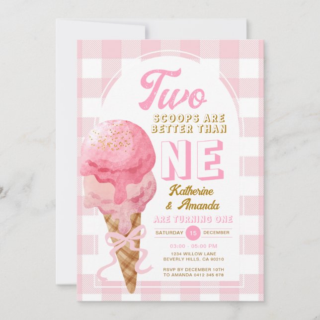 Pink Two scoops are better than one 1st Birthday Invitation (Front)