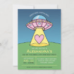 Pink UFO Alien Birthday Party Invitation<br><div class="desc">Greetings, Earthlings! Invite guests to an out-of-this-world alien-themed party with this Cute Pink UFO Kids Birthday Party Invitation. The design features a digital illustration of a pink and purple UFO that is beaming up a pink heart. It is hovering in a dark blue sky above a grassy green hill. This...</div>