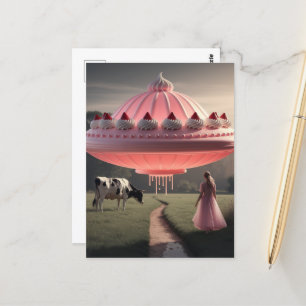 Pink UFO Surreal Sweet Treat in Dairy Pasture Postcard