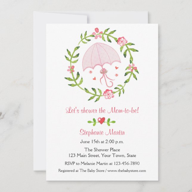 Pink Umbrella and Floral Wreath Shower Invitation (Front)