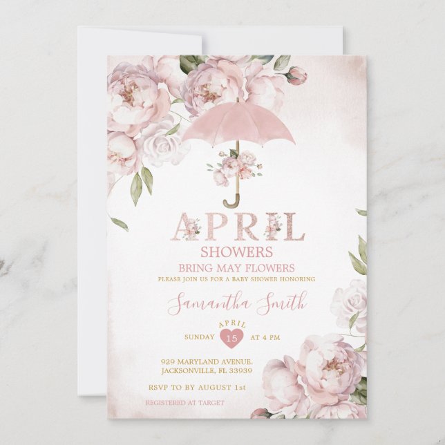 Pink Umbrella April Showers Bring May Flowers Invitation (Front)