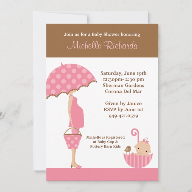 Pink Umbrella Baby Shower Invitation (Front)