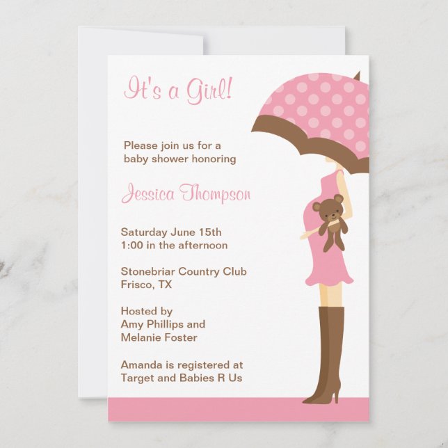 Pink Umbrella Baby Shower invitations (Front)