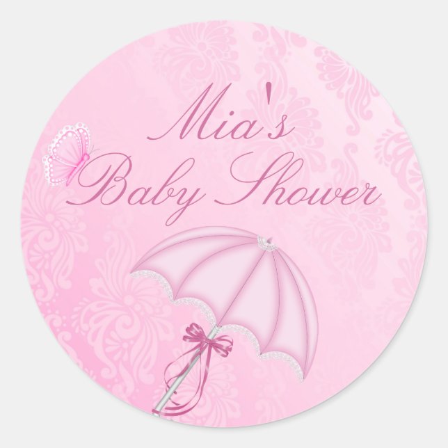 Pink Umbrella Design Baby Shower Sticker (Front)
