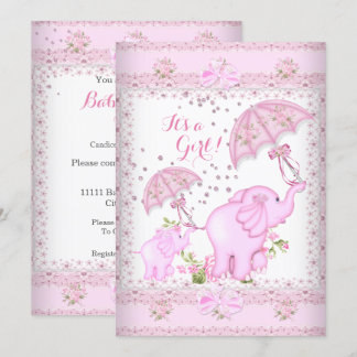 Pink Umbrella Elephant Calf Baby Shower Girl Invitation