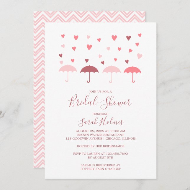 Pink Umbrellas and Hearts Bridal Shower Invitation (Front/Back)
