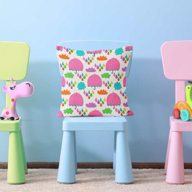 Pink Umbrellas with Clouds and Raindrops Throw Pillow (Creator Uploaded)