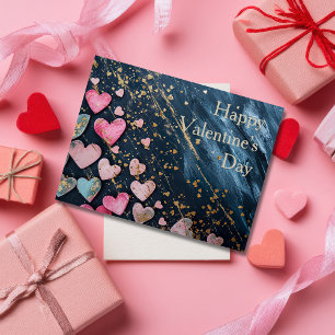 Pink und golden hearts on dark ground Valentine's Postcard