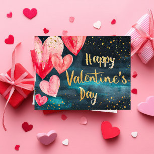 Pink und golden hearts on dark ground Valentine's Postcard