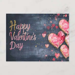 Pink und golden hearts on dark ground Valentine's Postcard