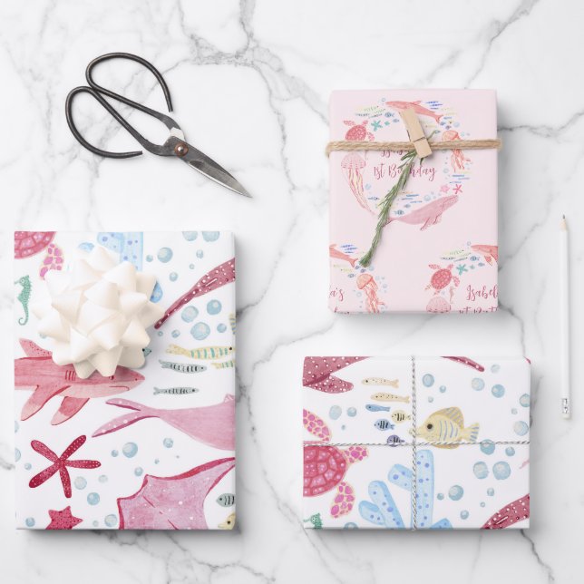 Pink Under The Sea 1st Birthday Wrapping Paper Sheet (Front)